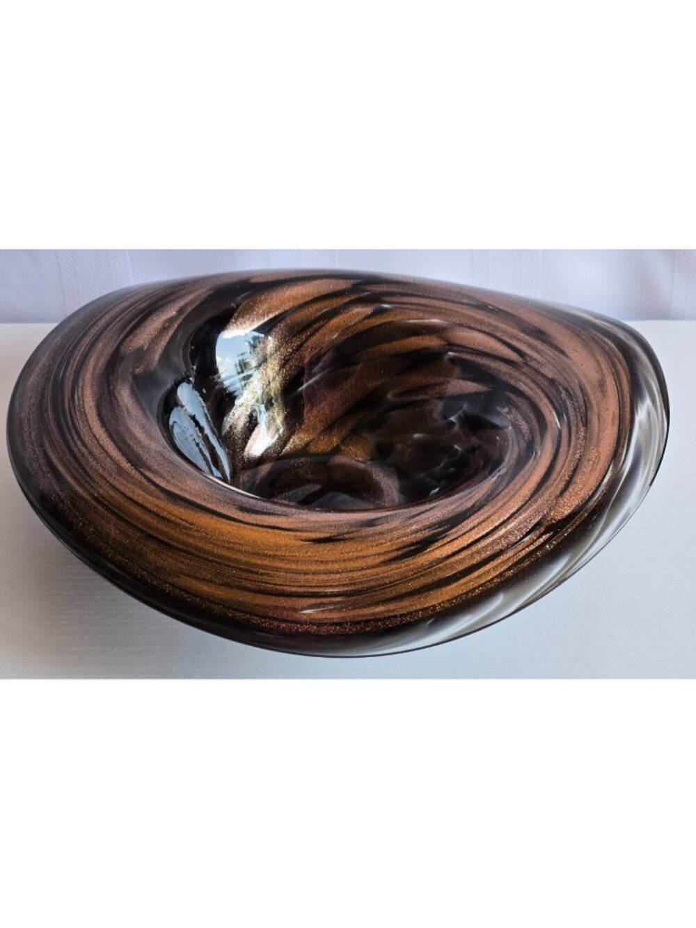 Vintage Hand Blown Swirl Gold Glitter & Black Art Glass Bowl 9" Marked SAM 2001